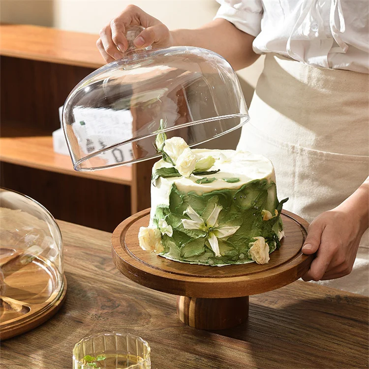 Harmony Bohemian Wooden Cake Pan with Cover Bread Fruit Serving Plate for Restaurant Cafe Bake Shop Display Cake Dome Stand Tray