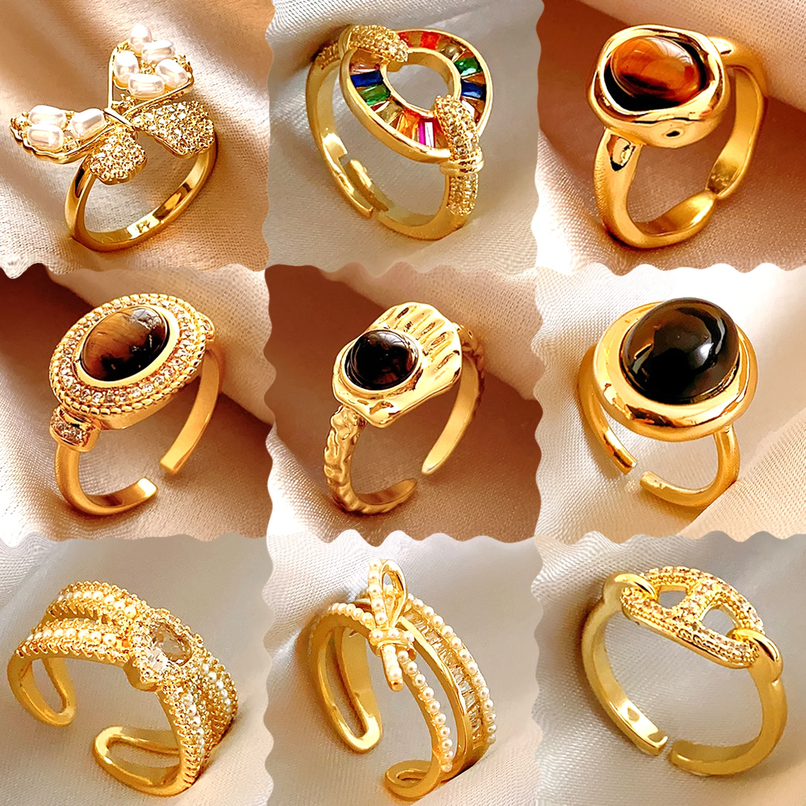 Vintage 18k Gold Zircon Pearl Heart Butterfly Open Finger Ring Women Quartz Tiger Eye Stone Knuckle Ring Jewelry For Gift