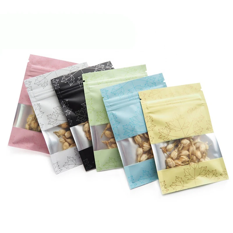 In Stock and Custom 3 Side Seal Food Packaging Maple Leaf Pattern Printed Zipper Bag Aluminum Foil Inside Colorful Window Pouch