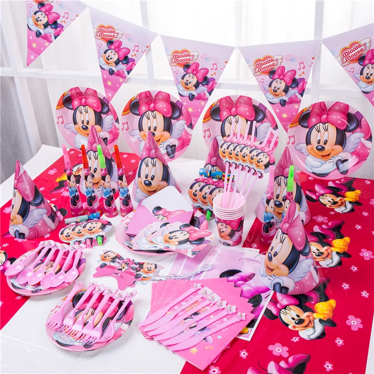 Cartoon Minnie Theme Kid Birthday Party Supplies Paper Plates Cups Straws Kids Girl Mouse Birthday Party Disposable Tableware