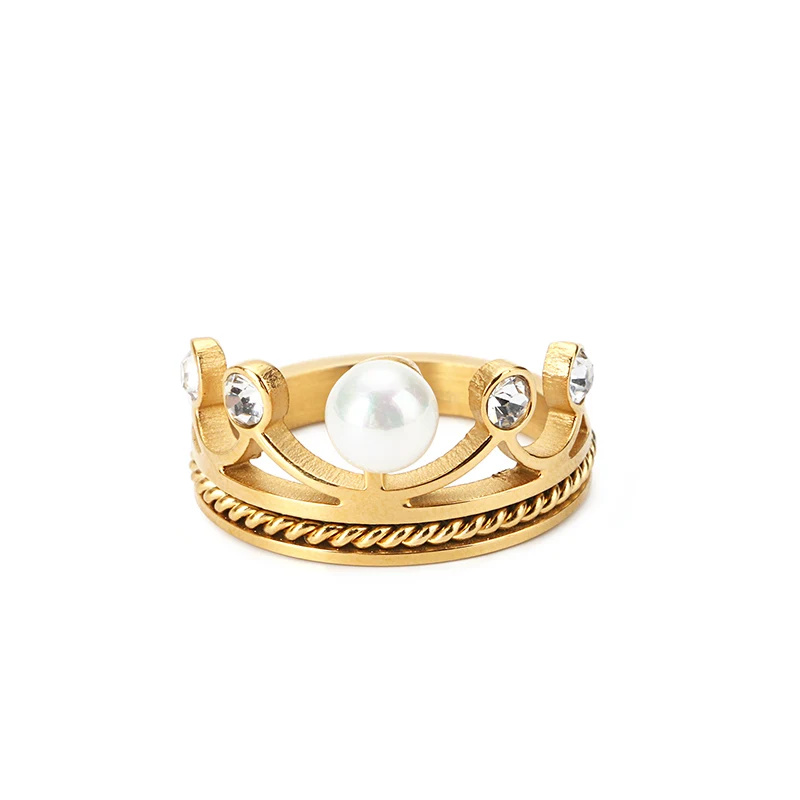 New Arrival Pearl Jewelry Stainless Steel Crown Zircon Rings Women