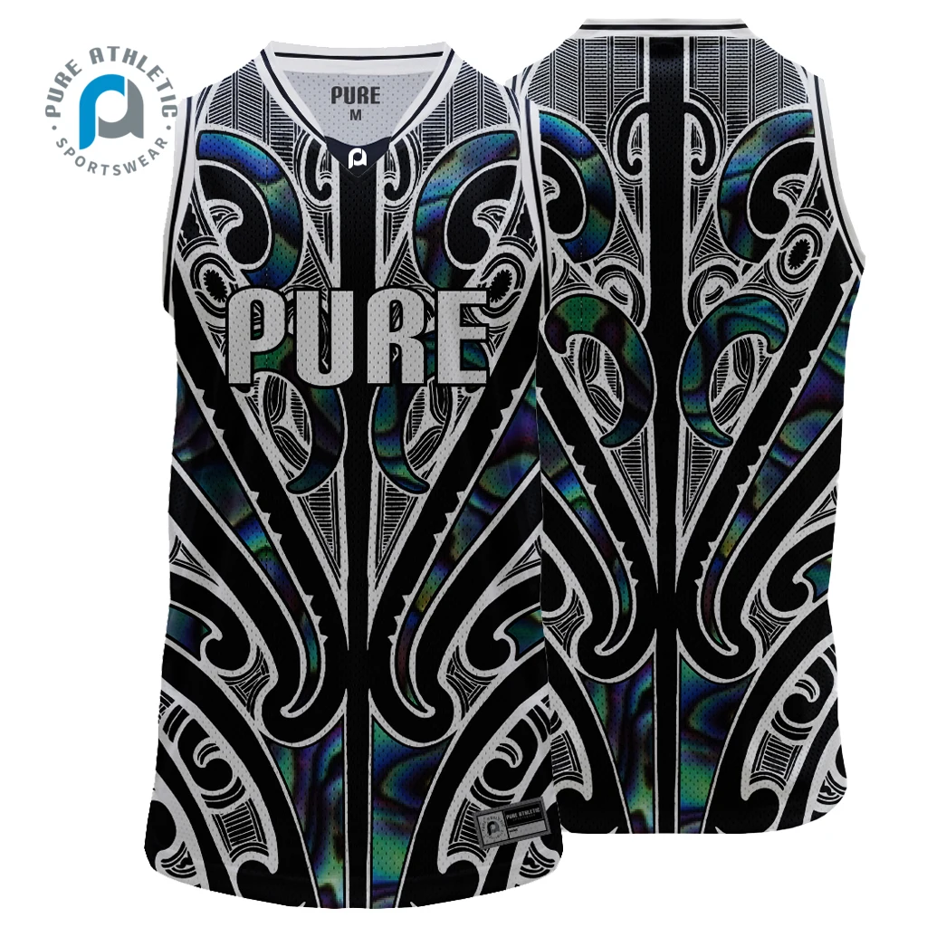 PURE  Maori Paua Design Throwback Wholesale Custom Basketball Singlets Men Sublimation Print Singlets Wear Shirts