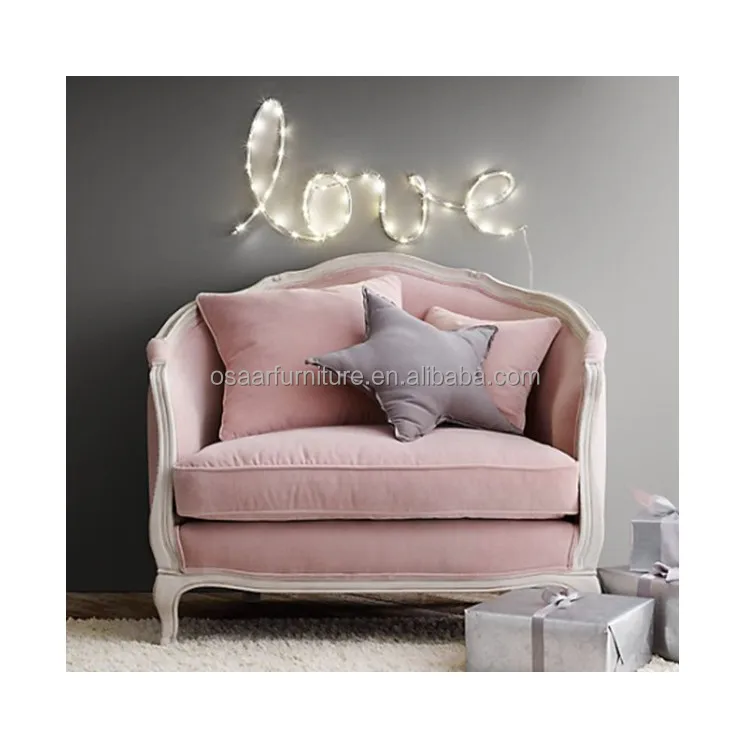French Country Style Living Room Antique White Wooden Pink Velvet Sofa Set Furniture