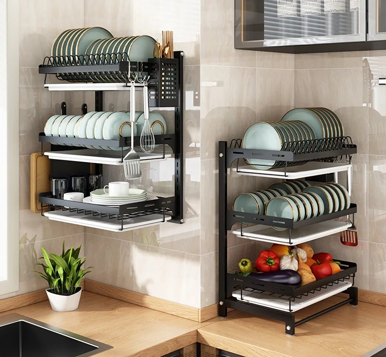 Stainless Steel Wall Mounted Kitchen Storage Rack Dishes & Plates Drainer Rack Bowl Drying Shelf Hanging Sink Organizer
