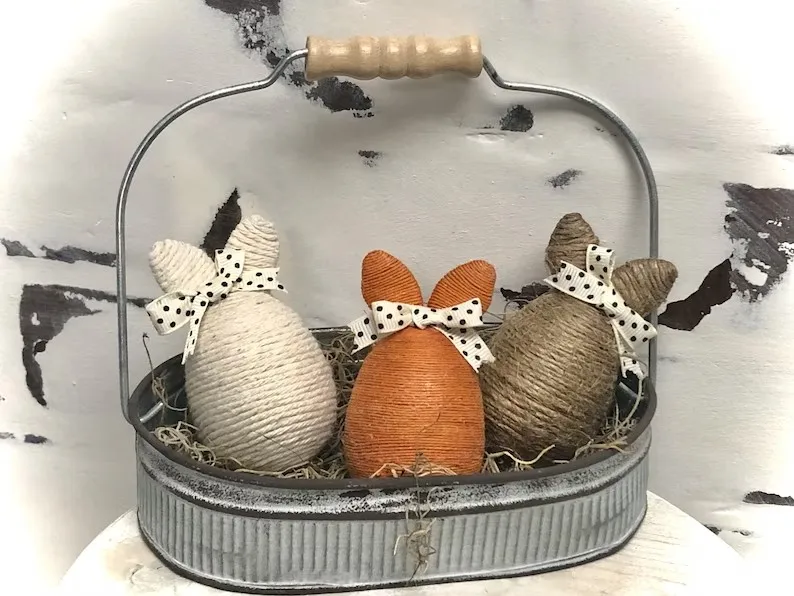 Metal iron tiered trays with handle Easter bunny eggs twine wrapped Easter eggs gift farmhouse rustic decoration