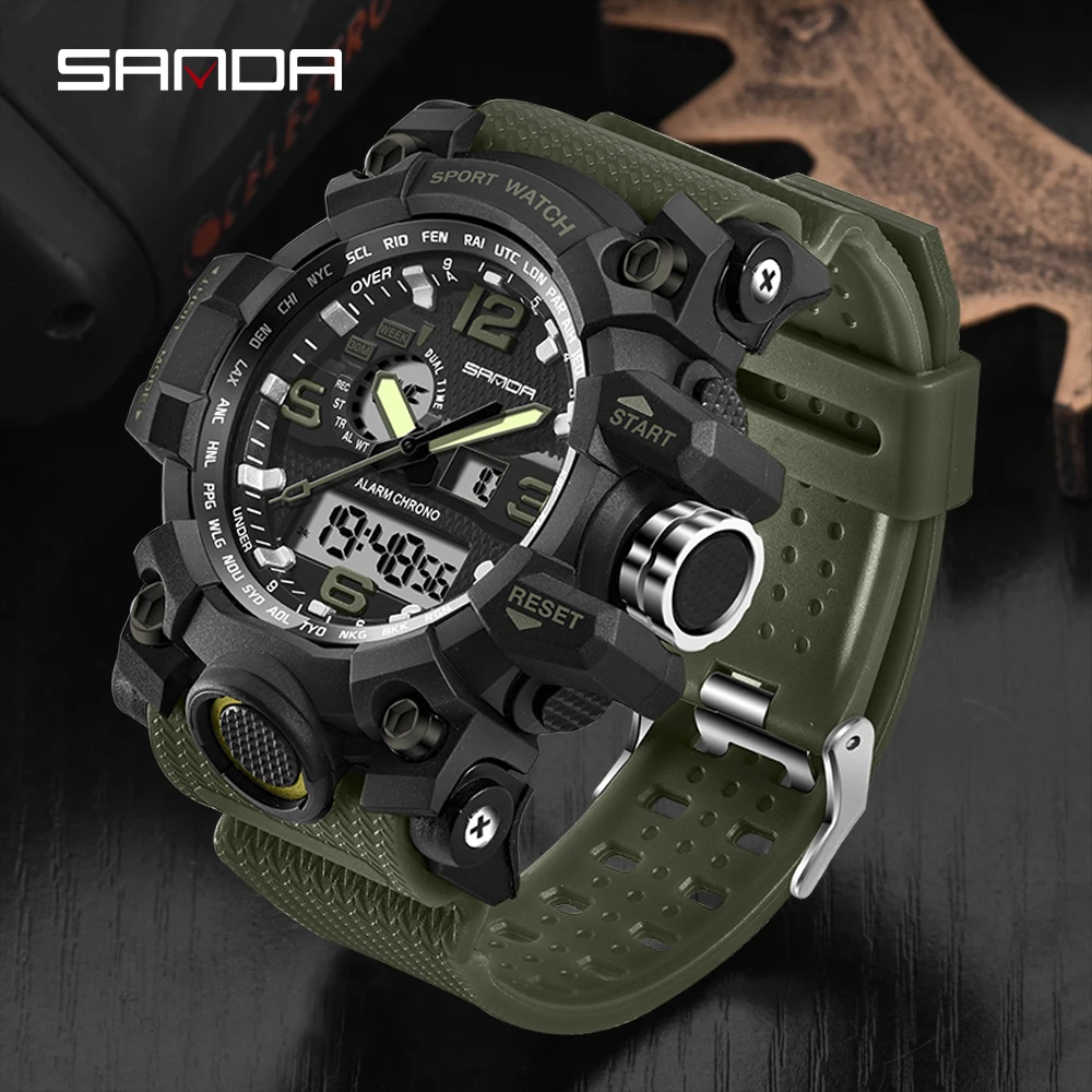 SANDA Top Luxury Watches Men Military Army Mens Watch Waterproof Sport Wristwatch Dual Display Watch Male