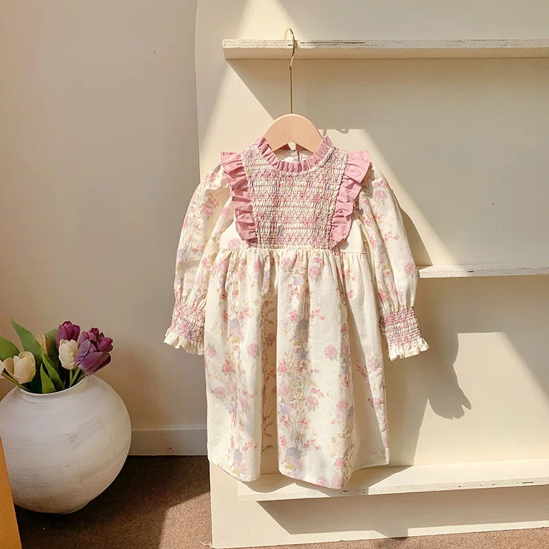 New Kid GirI Spring Autumn French Cotton Dresses Children Pleated Collar Print Floral Dress Baby Girls Sweet Korean Clothes 2-7Y
