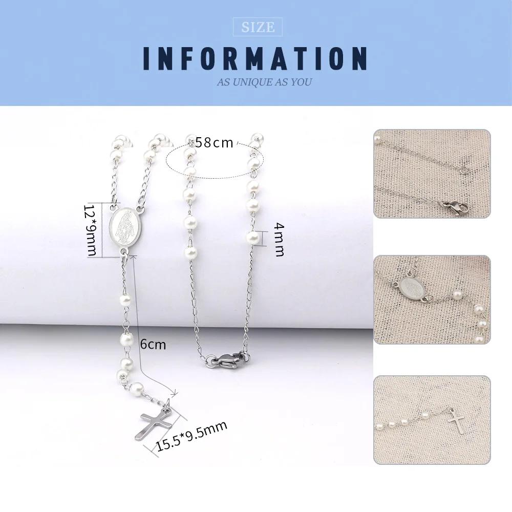 Long Pearl Stainless Steel Virgin Mary Christian Jesus Cross Pendant Divine Mercy Rosary Beads Necklace