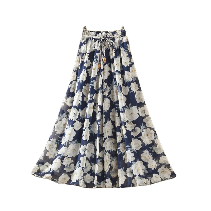New style  lady clothing free size summer long chiffon floral maxi skirts for women