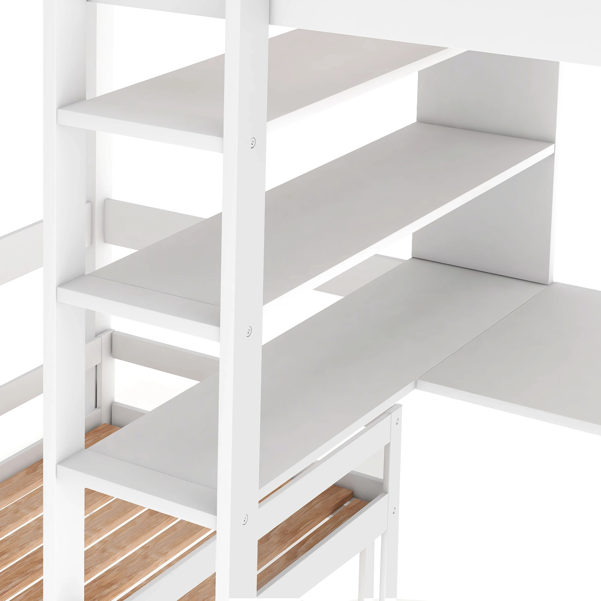 Convertible Loft Bed with L-Shape Desk, Twin Bunk Bed with Shelves and Ladder for Boys and Girls, White