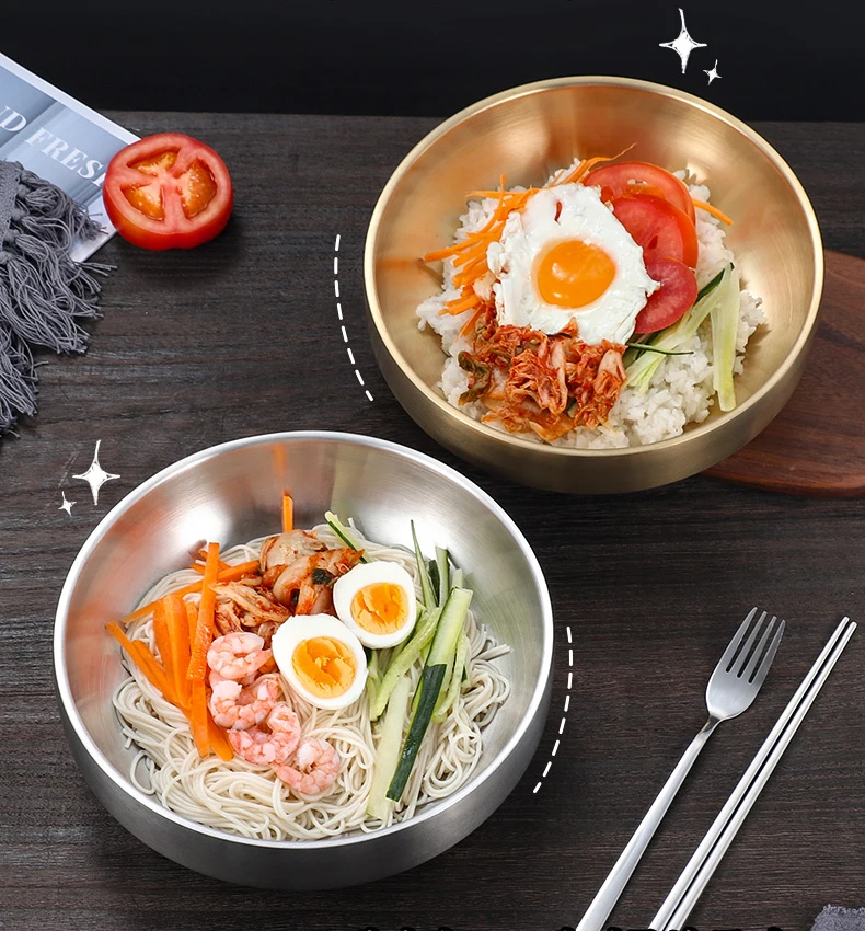 Stackable Heavy Duty Heat Insulated Gold Serving Bows Double Wall Stainless Steel Korean Ramen Noodle Bowls