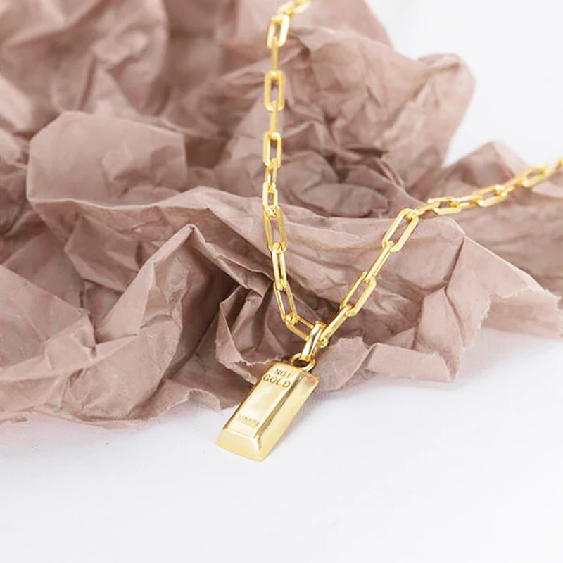 18k Gold Plated S925 Sterling Silver Thick Link Chain Gold Brick Pendant Necklace Women Gift Jewelry Necklaces