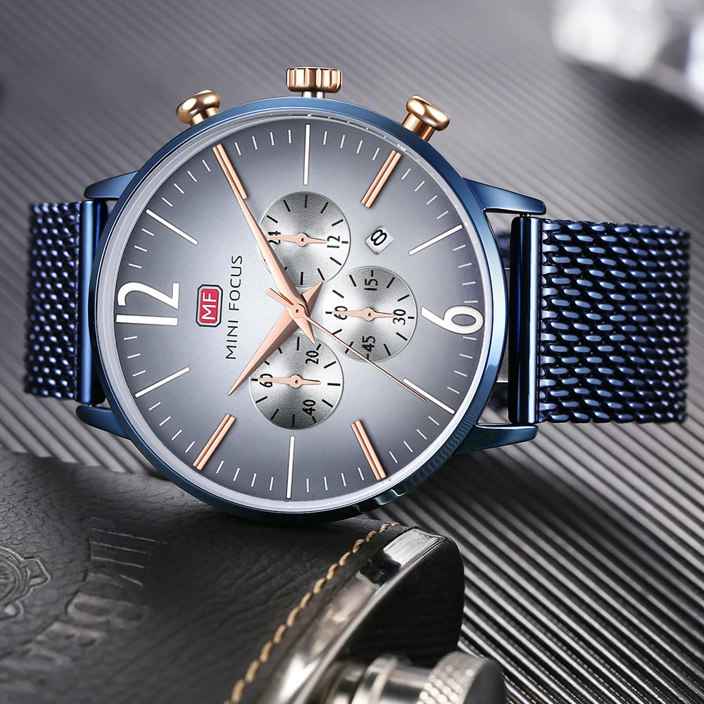 MINI FOCUS MF0114G Creative cool Watch Quartz Clock Blue Ultra Thin Mesh Strap Waterproof Chronograph Calendar vive Wristwatches