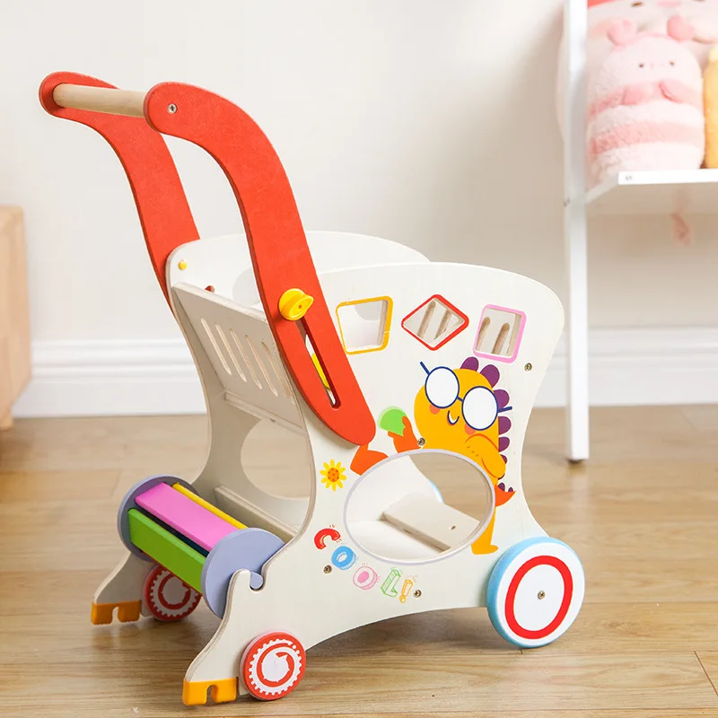 Wooden Baby Walker Push and Pull Doll Stroller Shopping Cart Learning Walker for Boys and Girls Sit Stand Toy forToddler