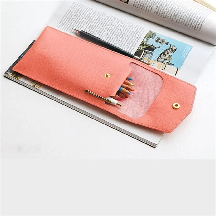 Custom Leather Pocket Pencil Case Large Capacity Pen Pouch Bag With Snap Button Stationery Organizer Office Supplies
