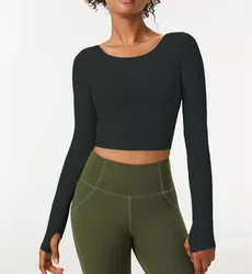 Custom Women Long Sleeve Workout Wear Gym Fitness Beautiful Back Seamless Crop Top Removeable Cup Yoga Sports Bra T Shirts