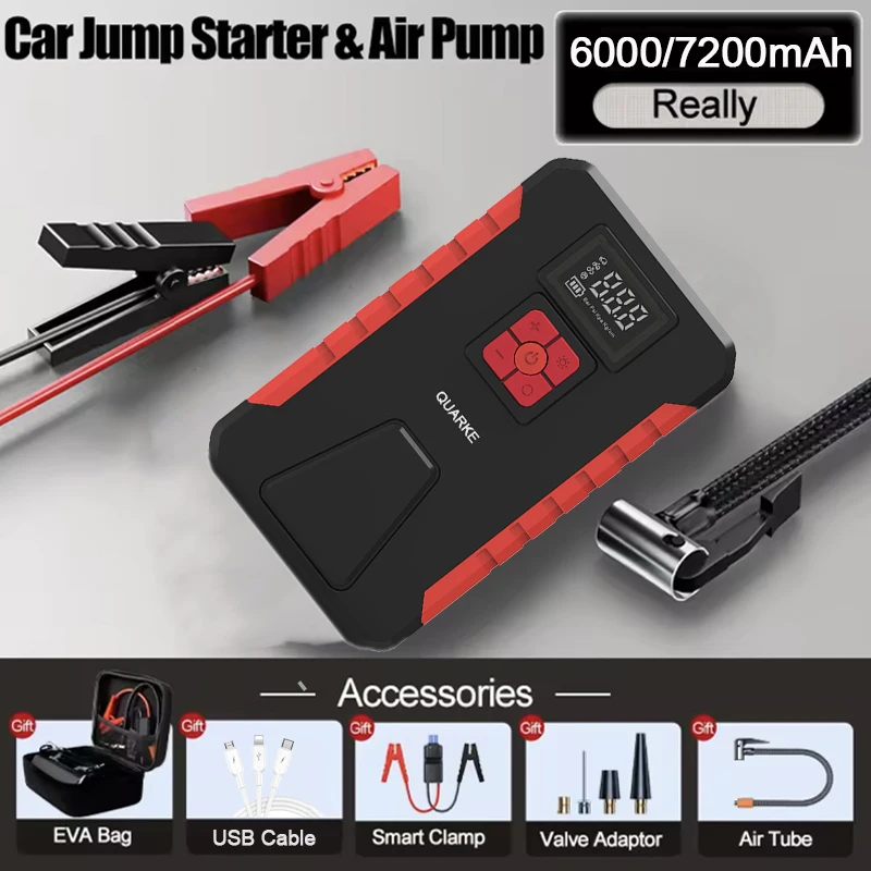 12V Jump Starter with Air Compressor 600A Portable Power Bank 150PSI Tire Inflator Pump 12V Starting Device Car Booster