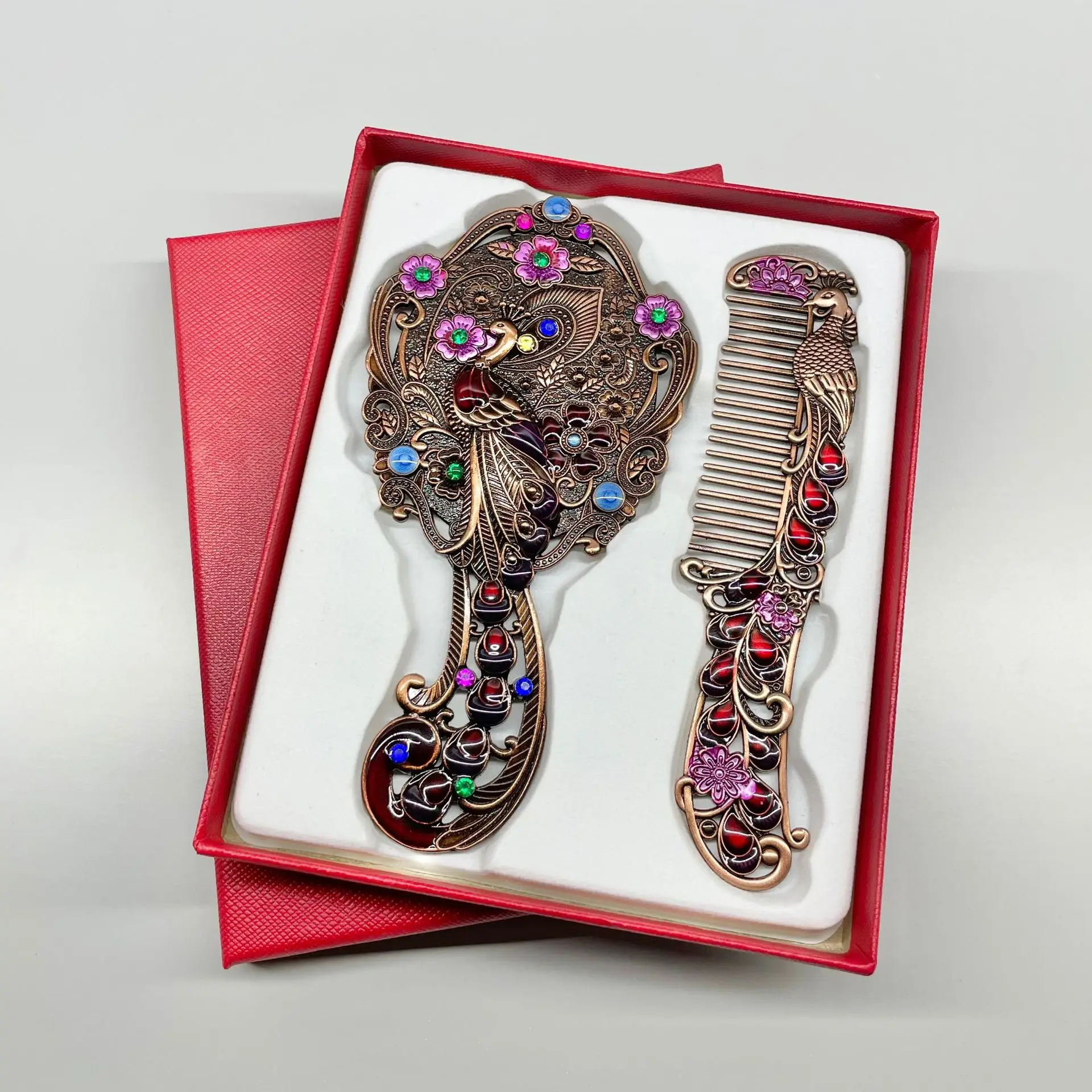 Creative Vintage Peacock Metal  Mirror Zinc Alloy Rhinestone Decoration Mirror Comb Set