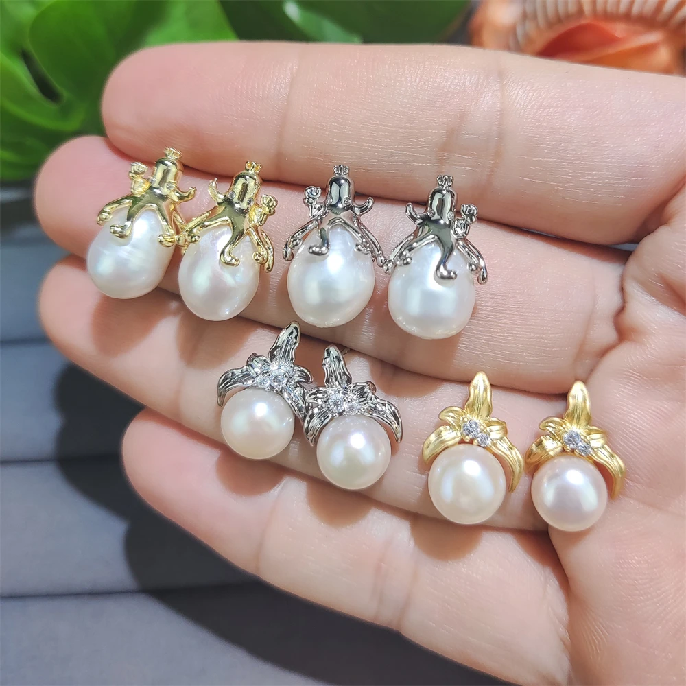 10MM Rice Pearl Natural Gems Freshwater Pearl Octopus Earrings Gold Plated Flower 9mm Bread Pearl Jewelry Ear ring for women