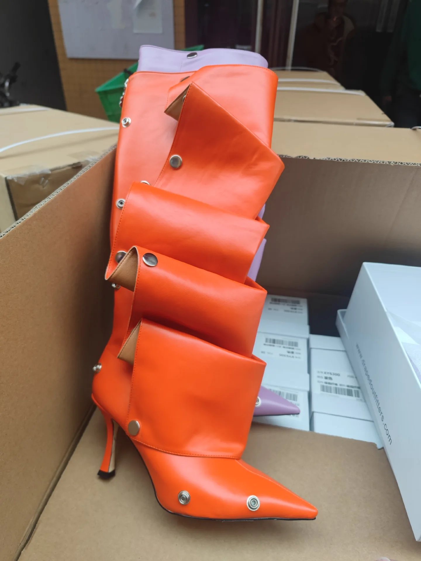2024 New red pointy thin high heeled female boots stud cylinder Booties Women jeans rivets stiletto knee high boots