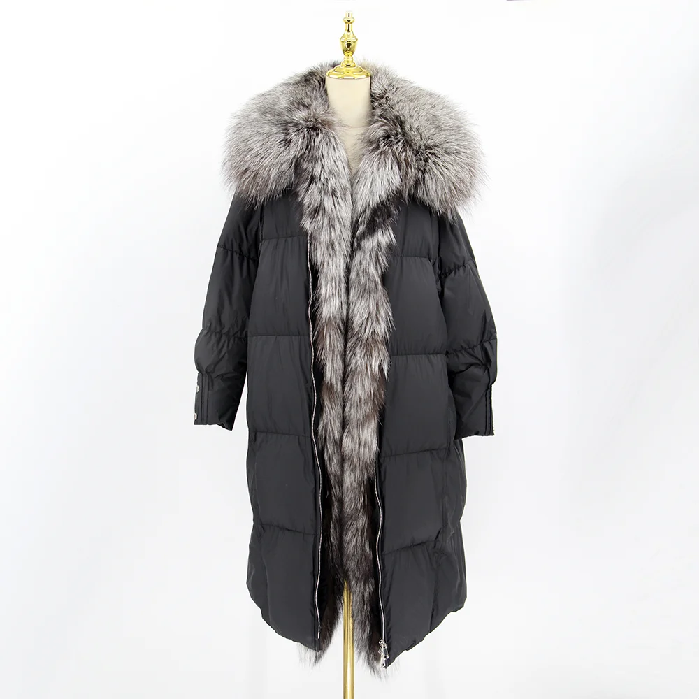 QIUCHEN QC22086  Fluffy Winter long Maxi Puffy Down Padded Coats Women With Real Silver Fox Fur Goose Jacket