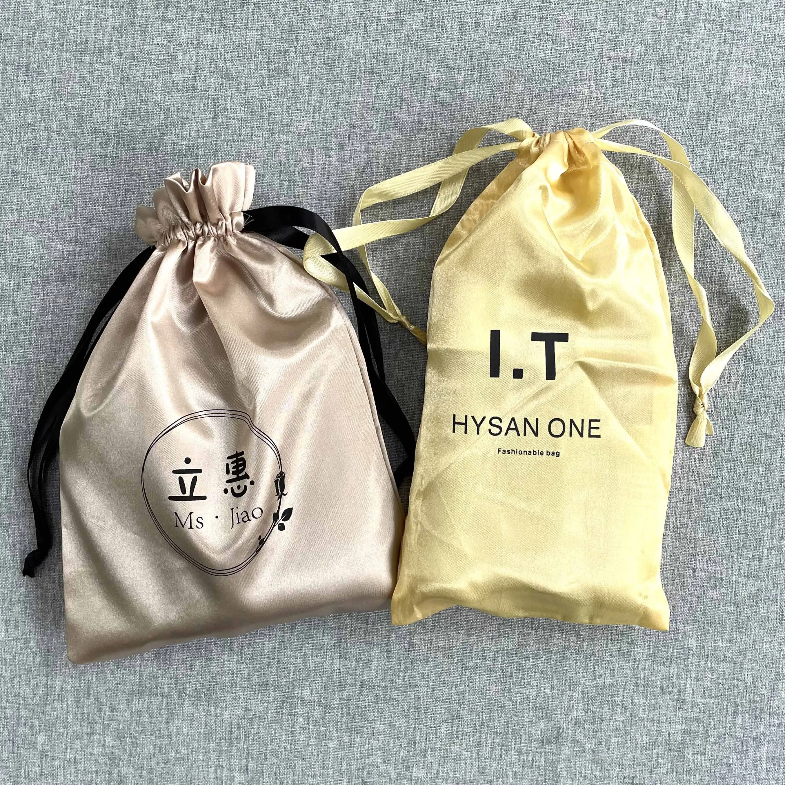 Custom Printed Small Silk Drawstring Bags Brown Satin Pouch For Hair Packaging