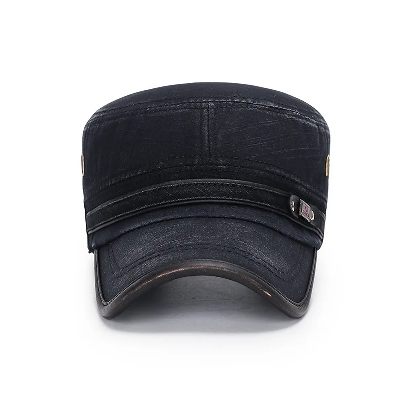 Washed distressed with leather edge retro faded cotton hat for men and women flat top cap wholesale stock