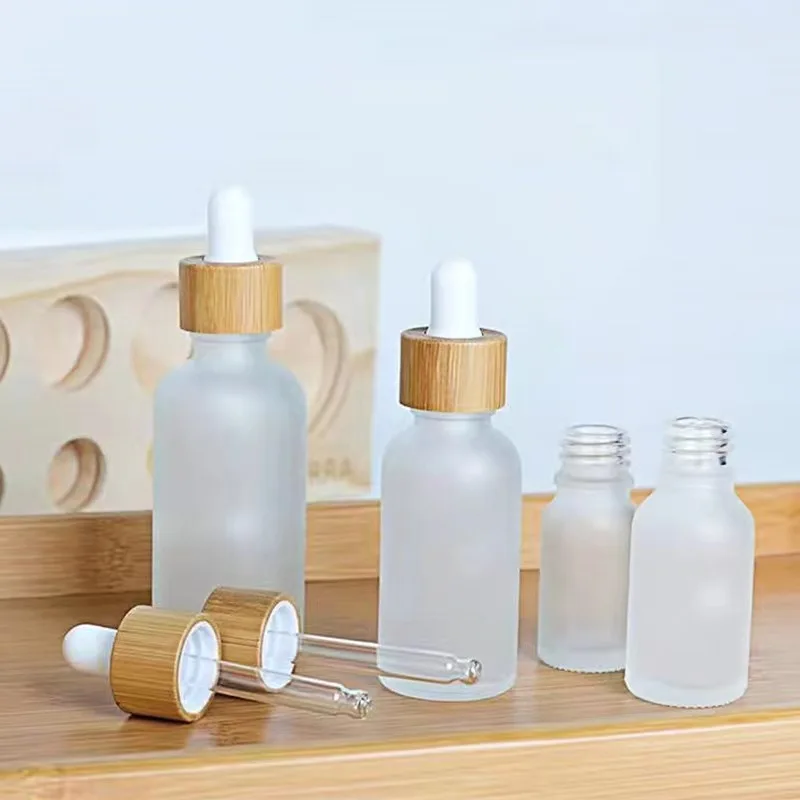 5ml 10ml 15ml 20ml 30ml 50ml 100ml transparent frosted glass bottle with bamboo wooden glass dropper caps