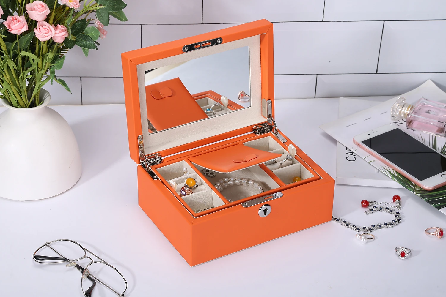 High-End Large Capacity Microfiber Jewelry Box Custom logo Ring Earrings Jewelry Storage Box with Mirror Jewellery Box Packing