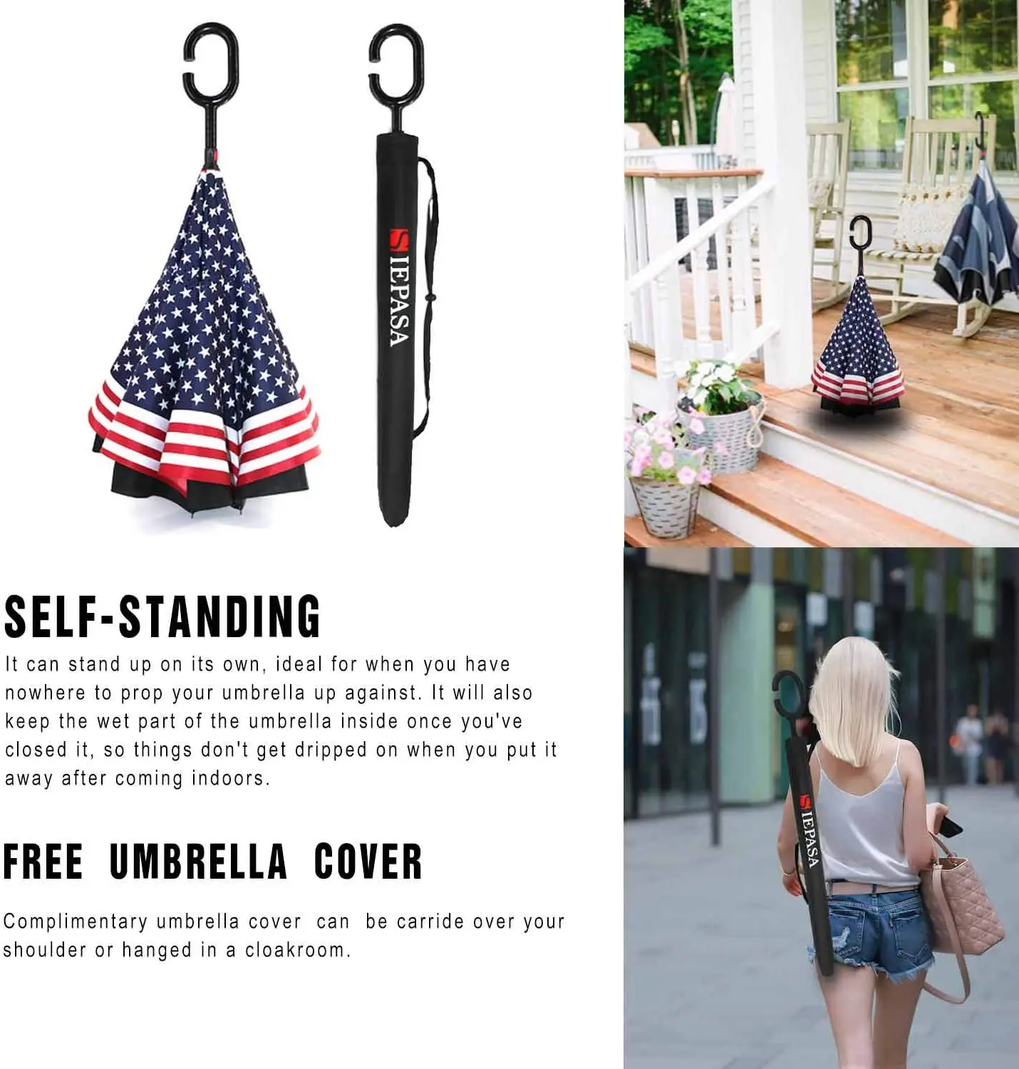 Reverse Umbrella Large Inverted Umbrellas for Rain with C-Shaped Non-Rust Handle for Men & Women American Flag Umbrella