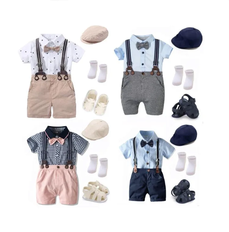 Summer Boys Outfit Hat Shoes Baby Clothes Set Bow Tie Bib Suit Newborn 7 Pieces Party Birthday Clothes 3 6 9 1 2 18  Months