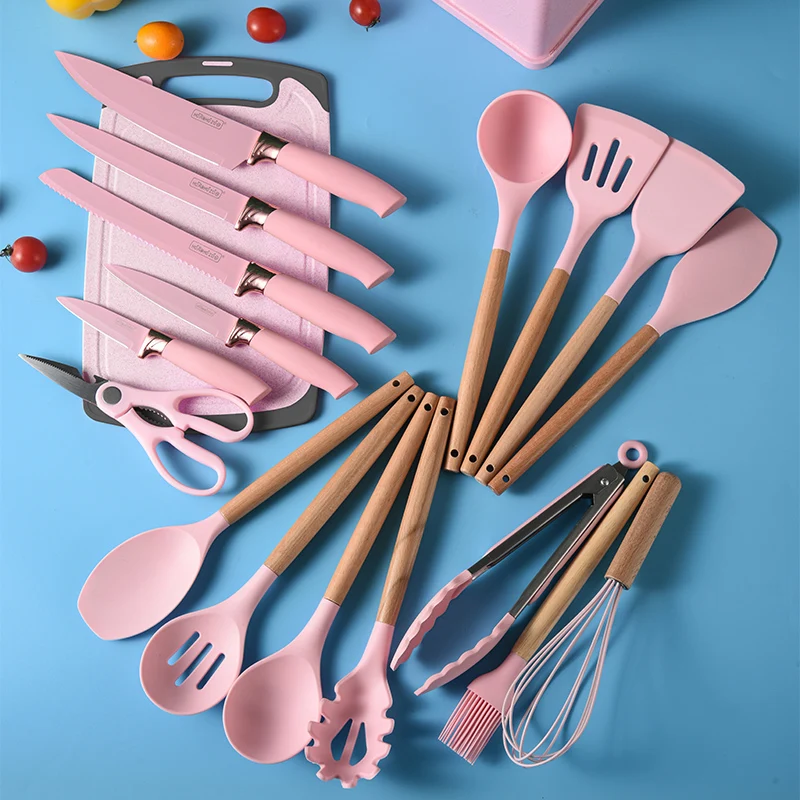 Newest 19-piece set of silica gel kitchen utensil set with wooden handle and cuttings board storage bucket kitchen gadget set