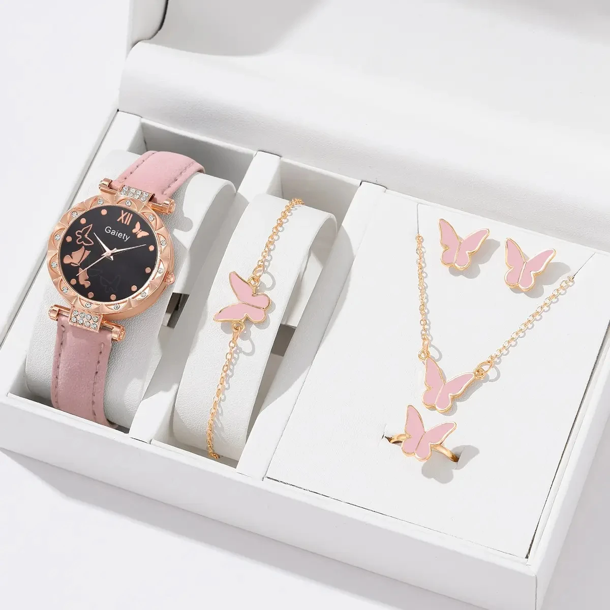 6pcs Luxury Watch Women Ring Necklace Earrings Bracelet Set Watches Butterfly Leather Strap Ladies Quartz WristWatch