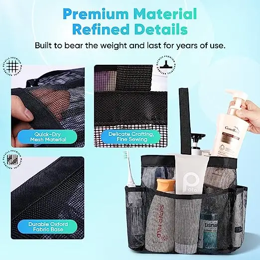 Bsci Custom College Dorm Essentials Large Capacity Black Breathable nylon mesh bags Mesh Shower Caddy Tote Bag pp mesh bag