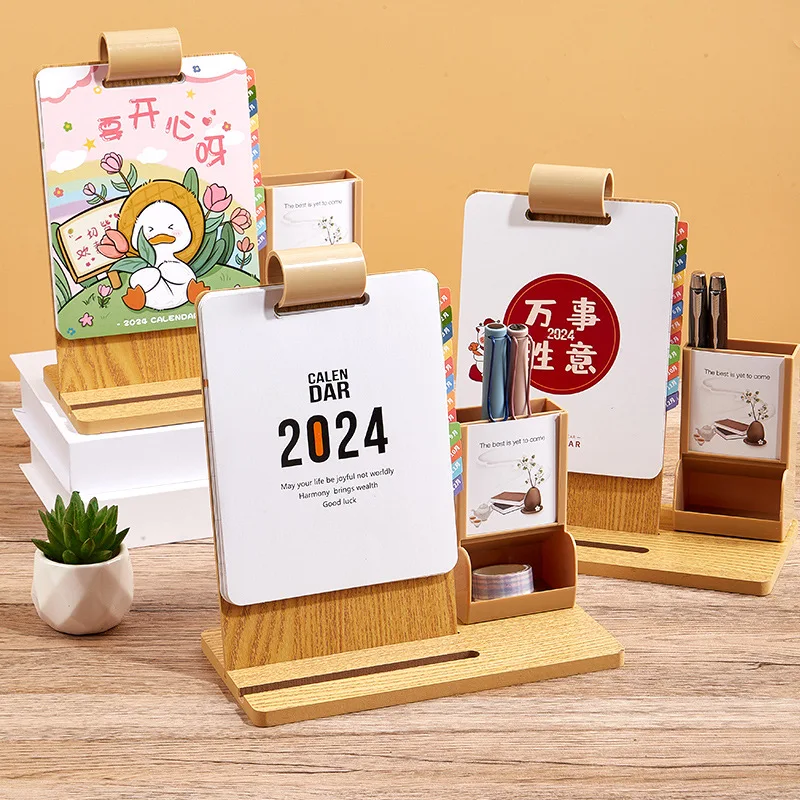 2024 multi-functional wooden frame loose-leaf buckle creative simple office desktop decoration mobile phone stand desk calendar