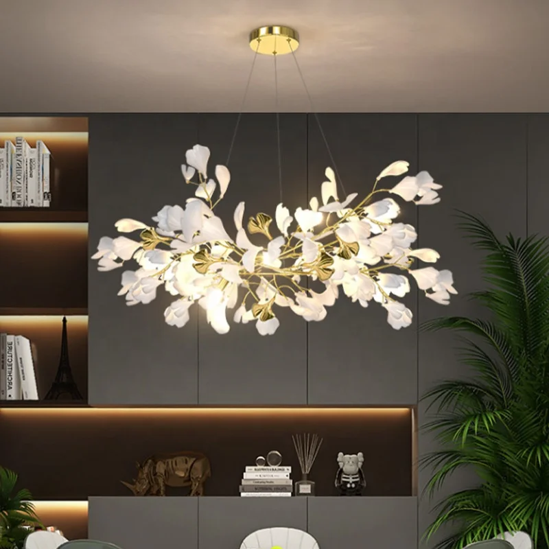 indoor living room ceramic ginkgo flower leaf chandelier project light luxury art chandelier