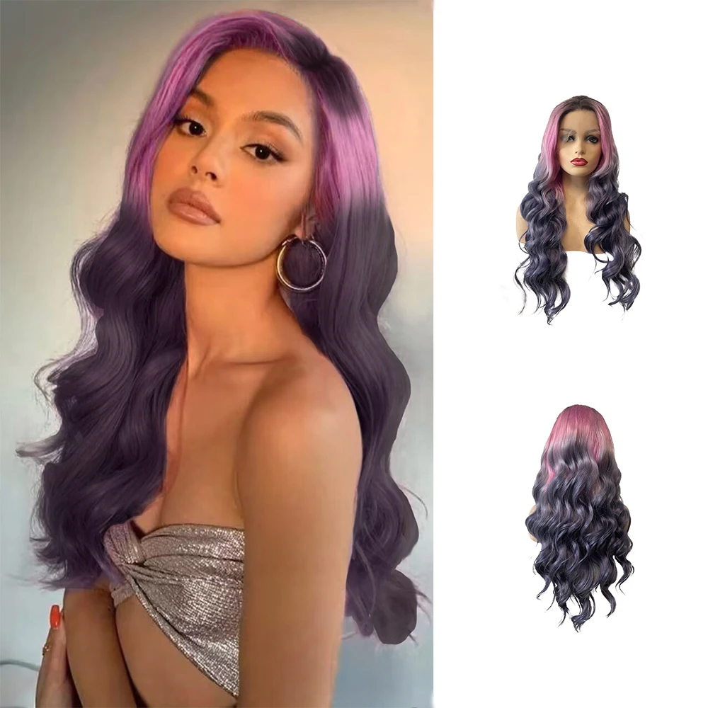 Fashion Long High Quality Root Dark Dye Pink And Purple Lace Wig For Black Women Synthetic  Hair