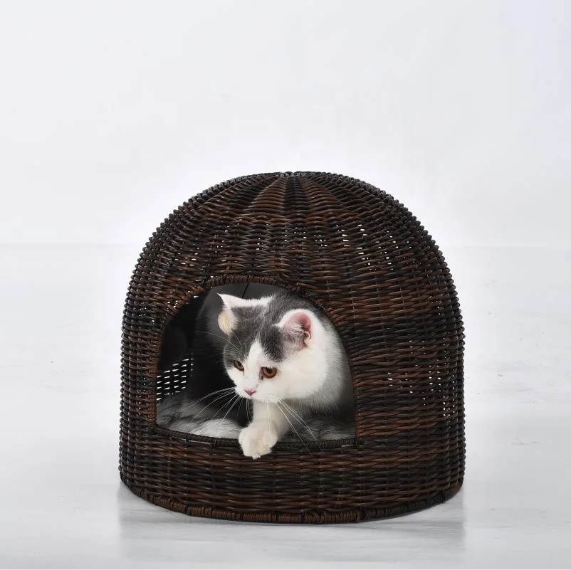 Modern Stylish Design Pet Furniture Washable Cat Cave Round House Artificial Rattan Wicker Cat Bed