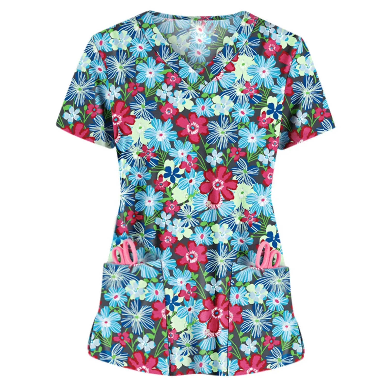 Customized Logo Working Uniform T Shirt Women Print Short Sleeve V-Neck Top Tee with Pockets Nursing Nurse Uniforms