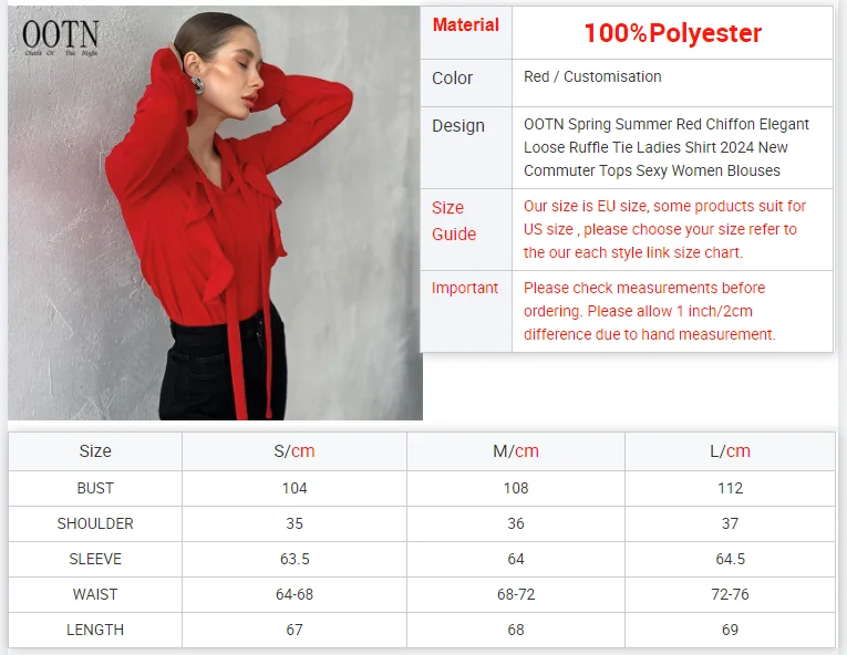 OOTN Spring Summer Red Chiffon Elegant Loose Ruffle Tie Ladies Shirt 2024 New Commuter Tops Sexy Women Blouses