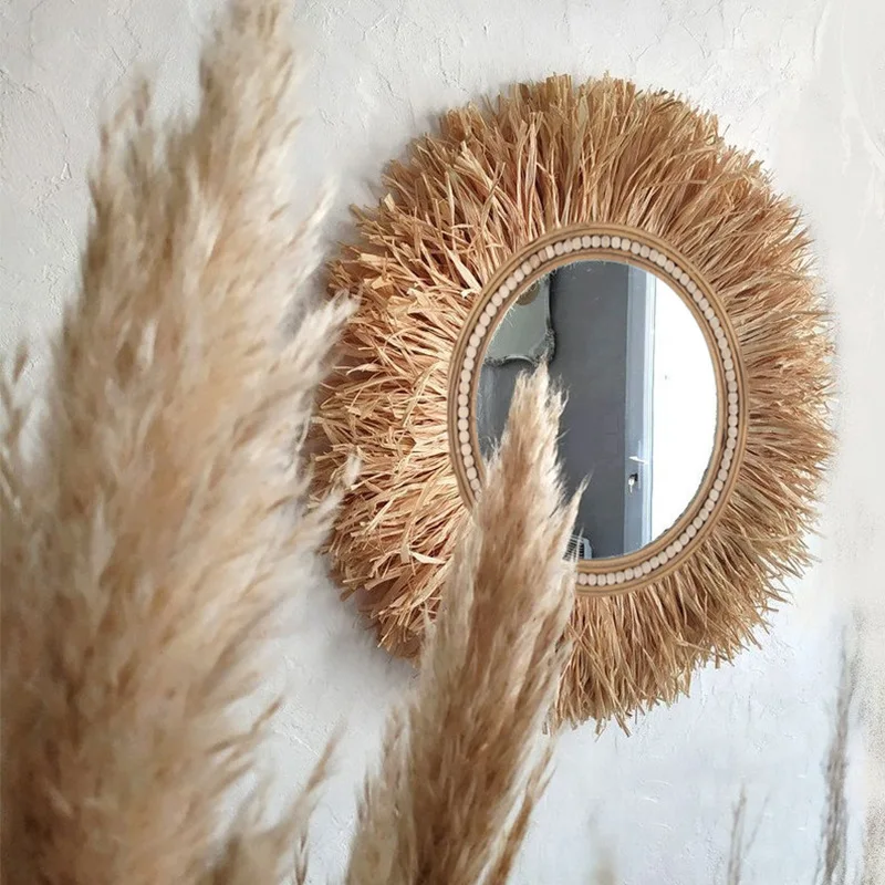 Customized Home Decoration Mirror  Hot Selling Handmade Raffia Mirror for wall art home decor