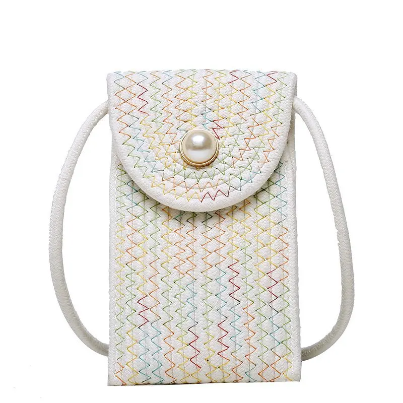 The 2024 New Pearl Contracted Mobile Phone Zero Wallet Cotton Thread Woven Contrast Color Stripe Small Bag