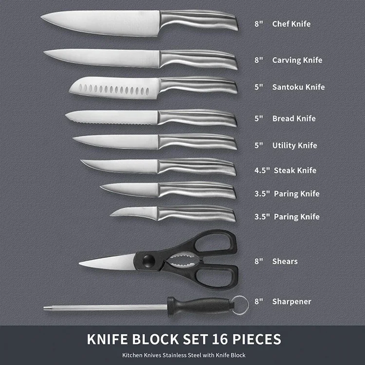 Cutlery chef Knife Block Set ,15 Pieces German Stainless Steel kitchen Knife Set With Wooden Block