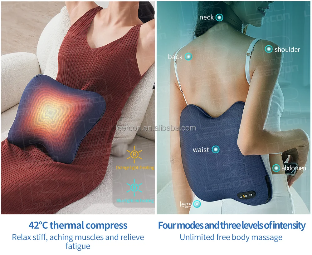 Leercon smart waist square shiatsu travel wireless deep kneading throw pillow back u-shape travel neck massager pillow