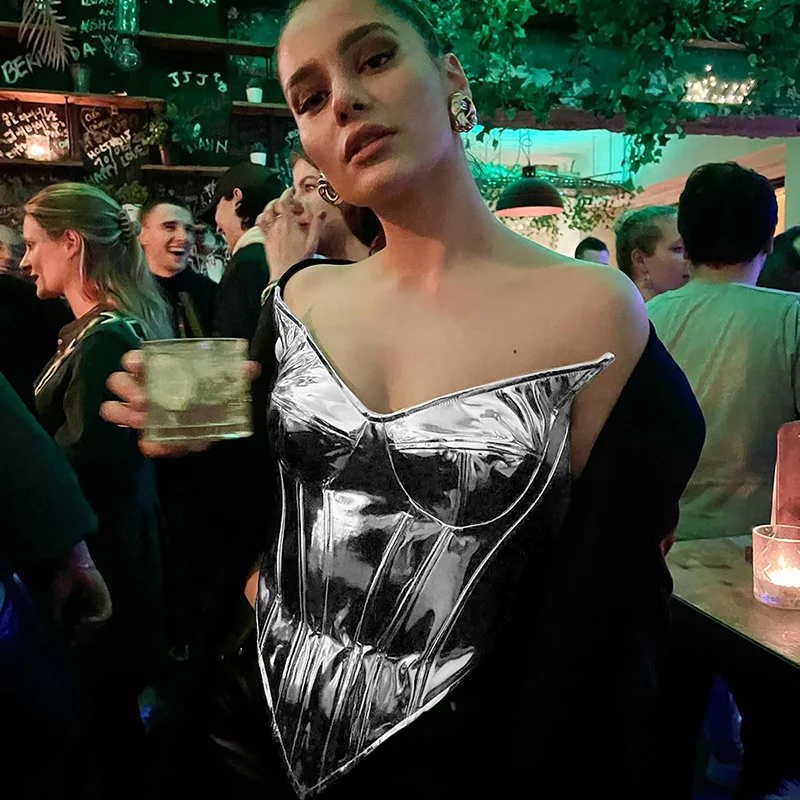 Ladies Latest Design Sexy Deep V Neck Mesh Splicing Tops Women Club Leather Corset Top