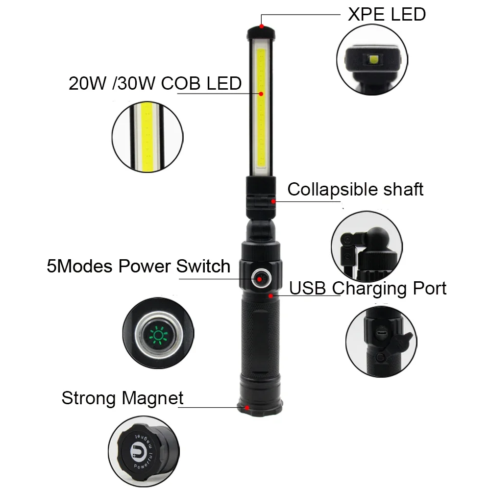 COB  LED Camping Emergency Flashlight 18650 USB Garage Work Light 360 Folding Magnetic Inspection Lamp Red SOS Strobe
