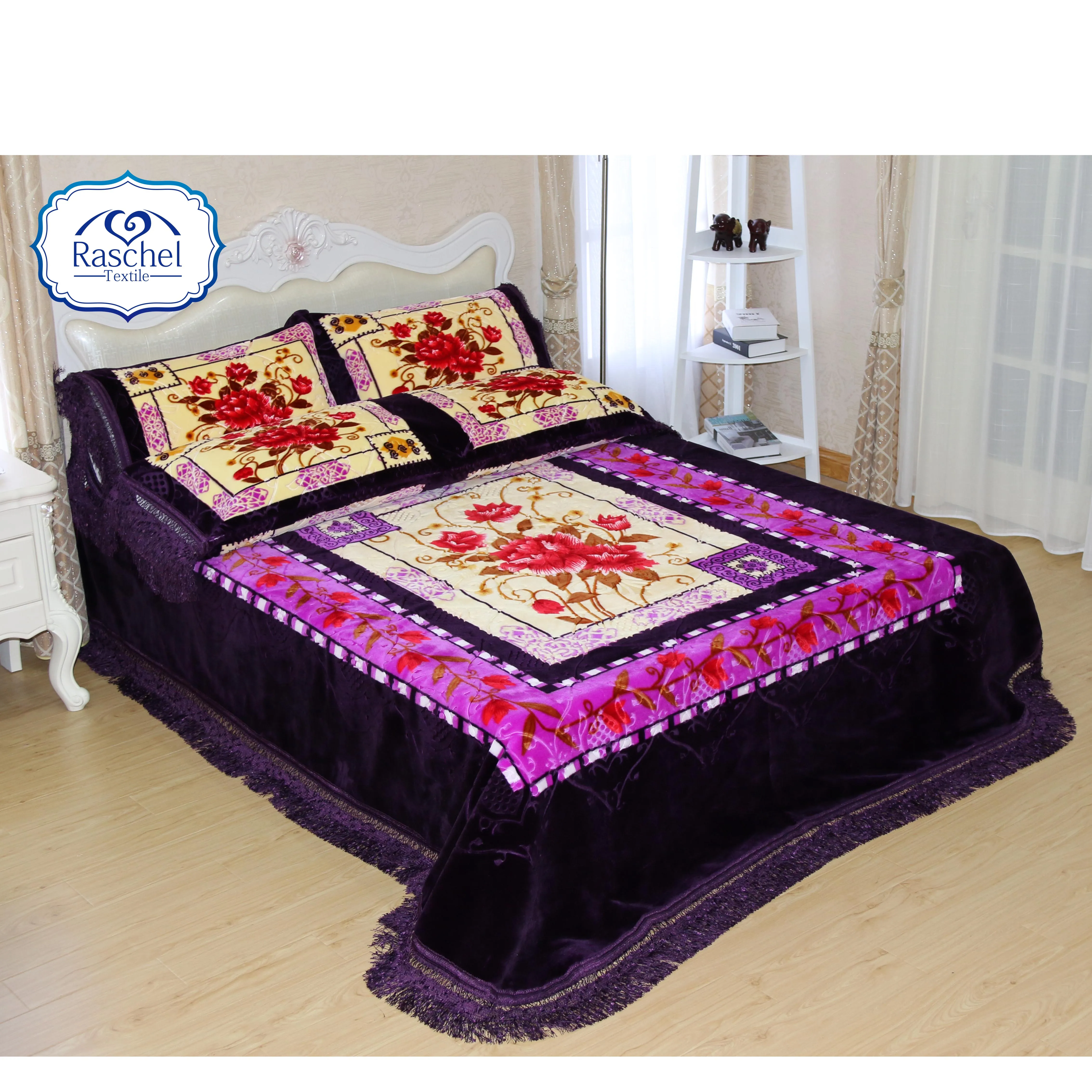 100% Polyester four pcs raschel blanket bedding set