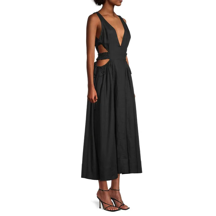 OEM Plus Size Cut Out Gather Waist Pullover Cotton Linen Blend Dinner Dress for Normcore Minimalist Dresses