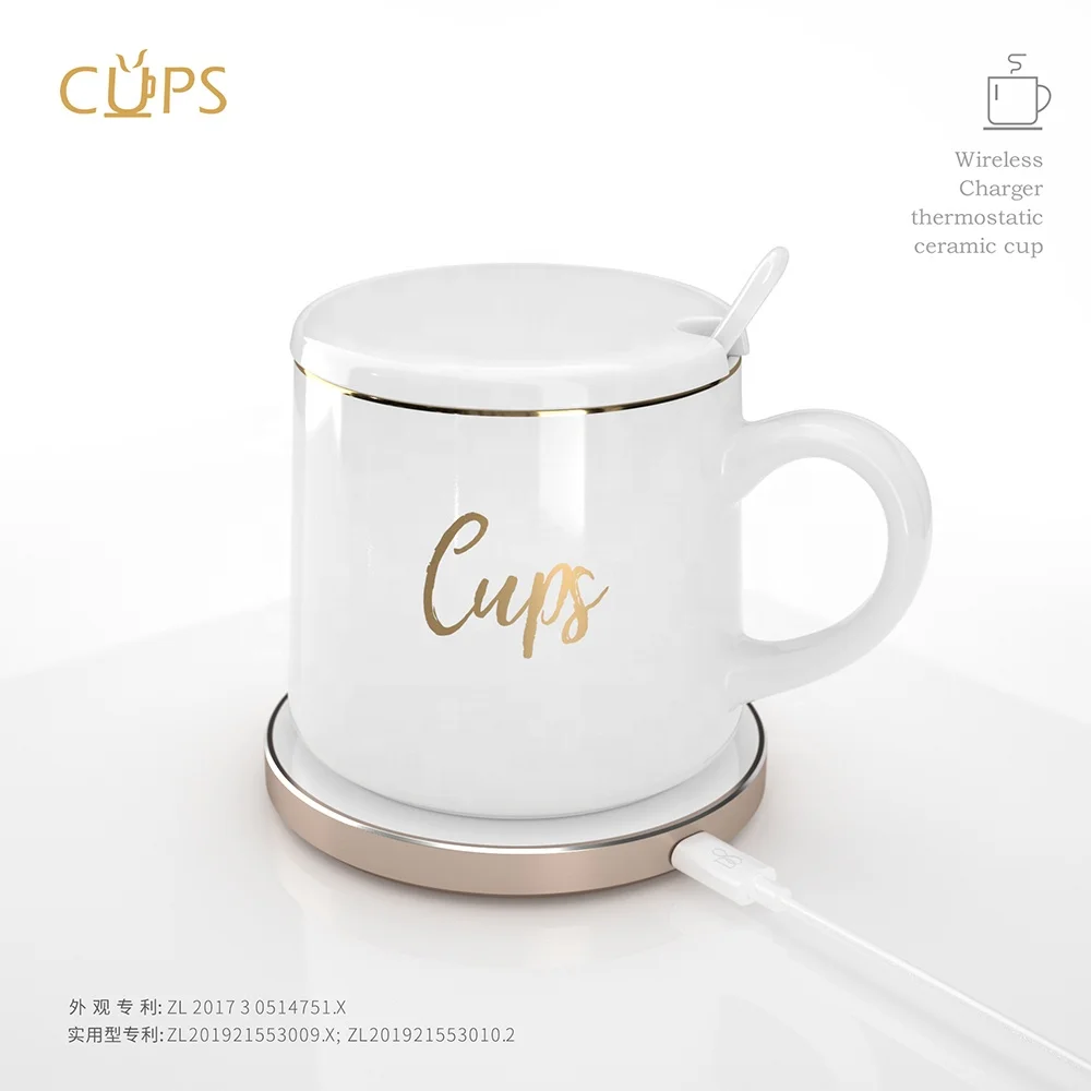 Zeamor Logo Custom Smart 2 in 1 Mobile Phone Wireless Charging Warmer 55 Degree Tea Cup Coffee Mug Gift Set For Home Office