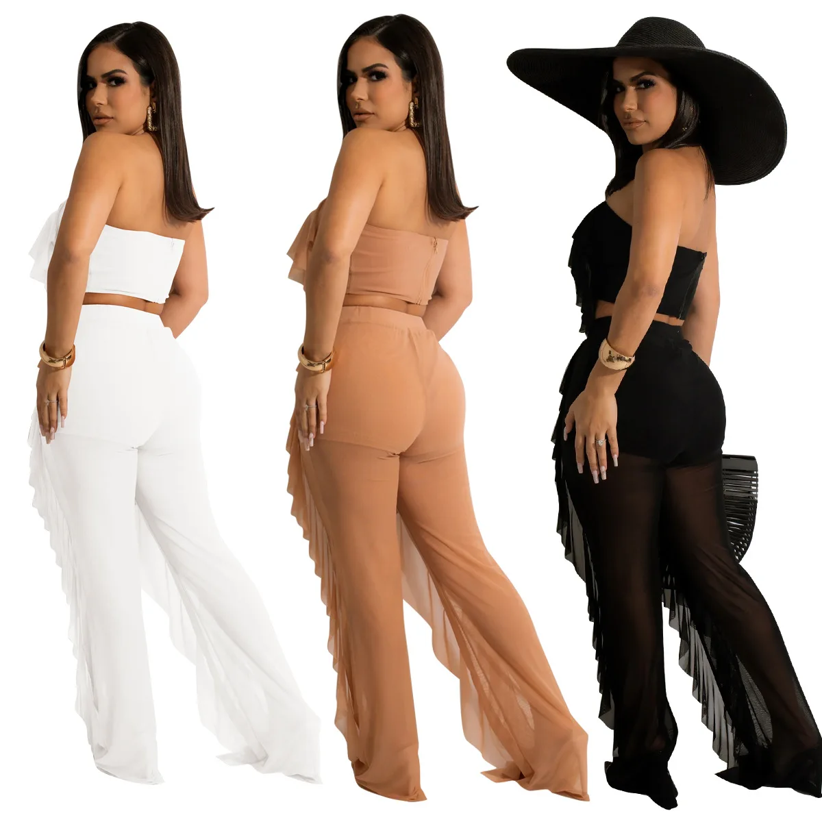 Women Off Shoulder White Black Tassel Jumpsuits Ruffle Rompers Solid Color Patchwork Slash Neck Playsuits Mesh
